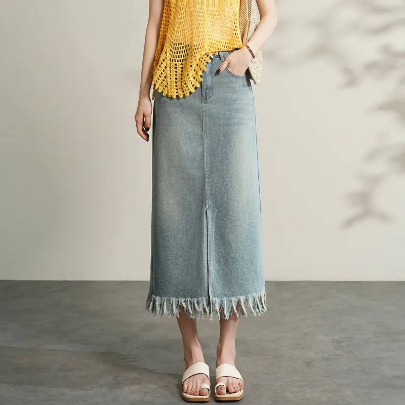 TERRE BLEUE Spring, Summer, Fall Denim Long Skirt Women's-1