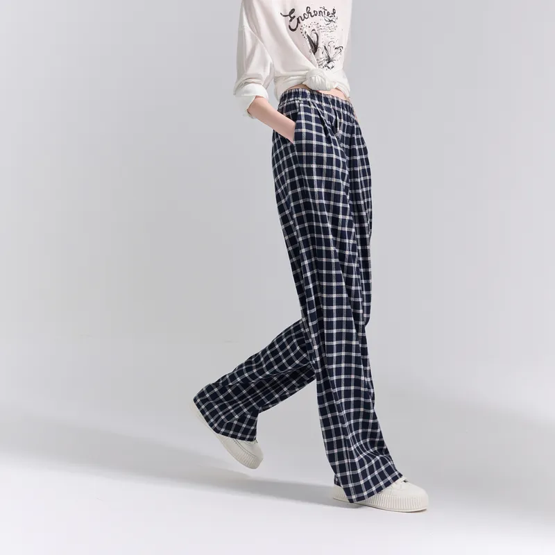 3COLOUR Casual Pants Women's Deep Sea Blue Plaid-2