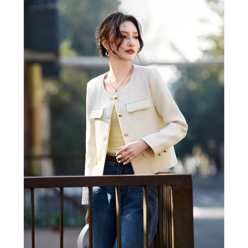 TERRE BLEUE Spring Fall Cropped Coats Loose Fit Women's Beige-1