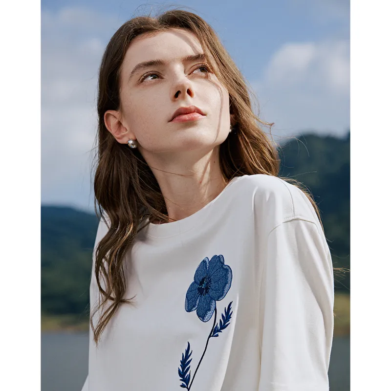 Initial Language Drop Shoulder Sleeve T Shirt Women's-10