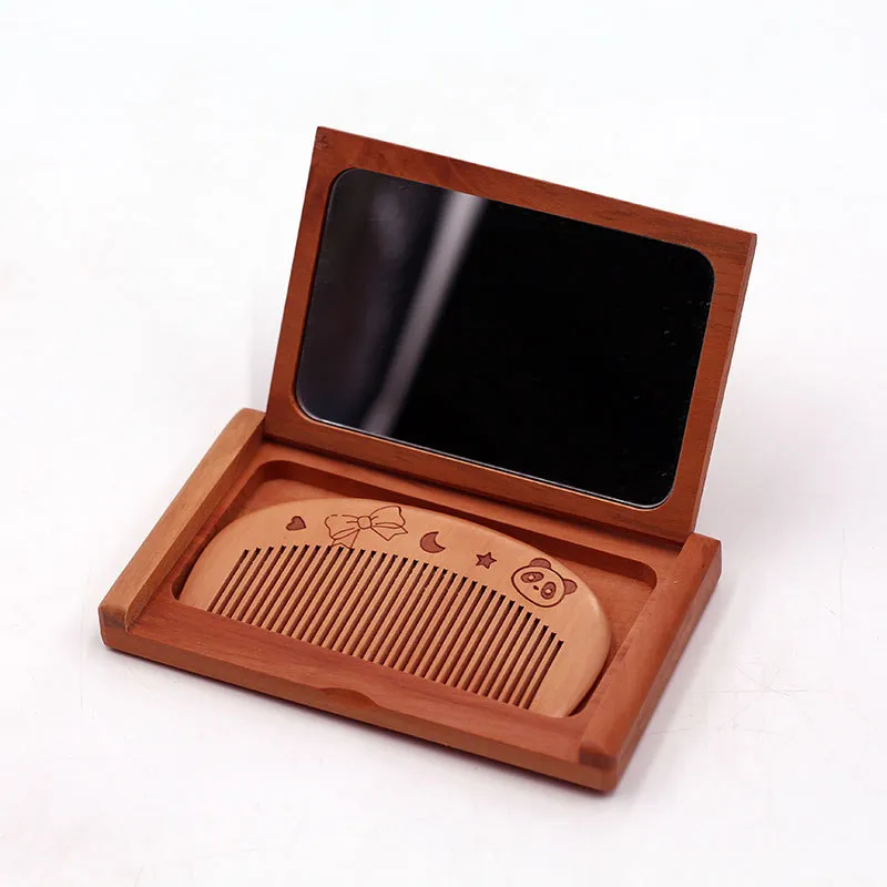 XIBI Peach Wood Red Sandalwood Flap Mirror Foldable Set With Comb And Makeup Mirror Portable And Decorative-3