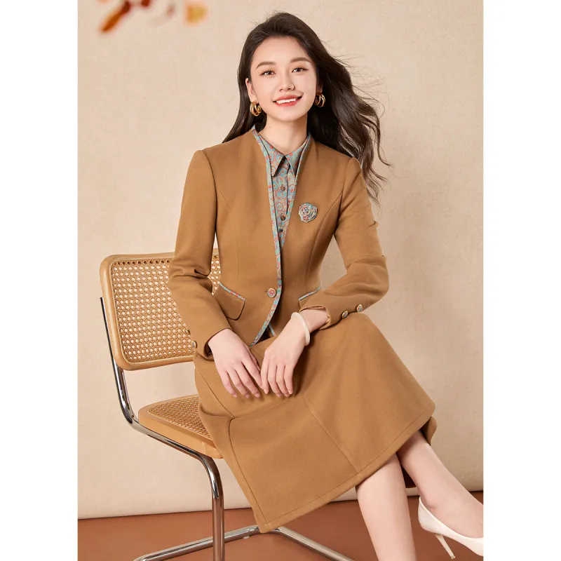 Mylan Spring Fall Skirt Set Cinched Waist Women's Khaki-4