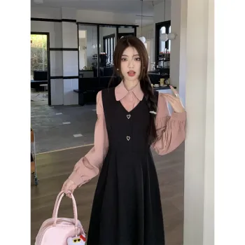 XIANSINIAO Two Piece Skirt Sets Women's Pink Shirt+Black Tank Dress