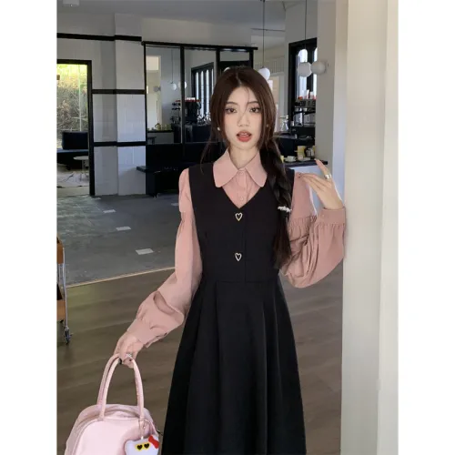 XIANSINIAO Two Piece Skirt Sets Women's Pink Shirt+Black Tank Dress