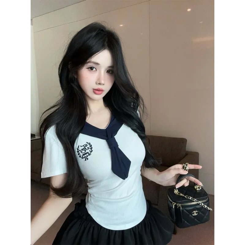 XIANSINIAO Two Piece Skirt Sets Women's White Short Sleeved Top+Black Skirt Pants-1