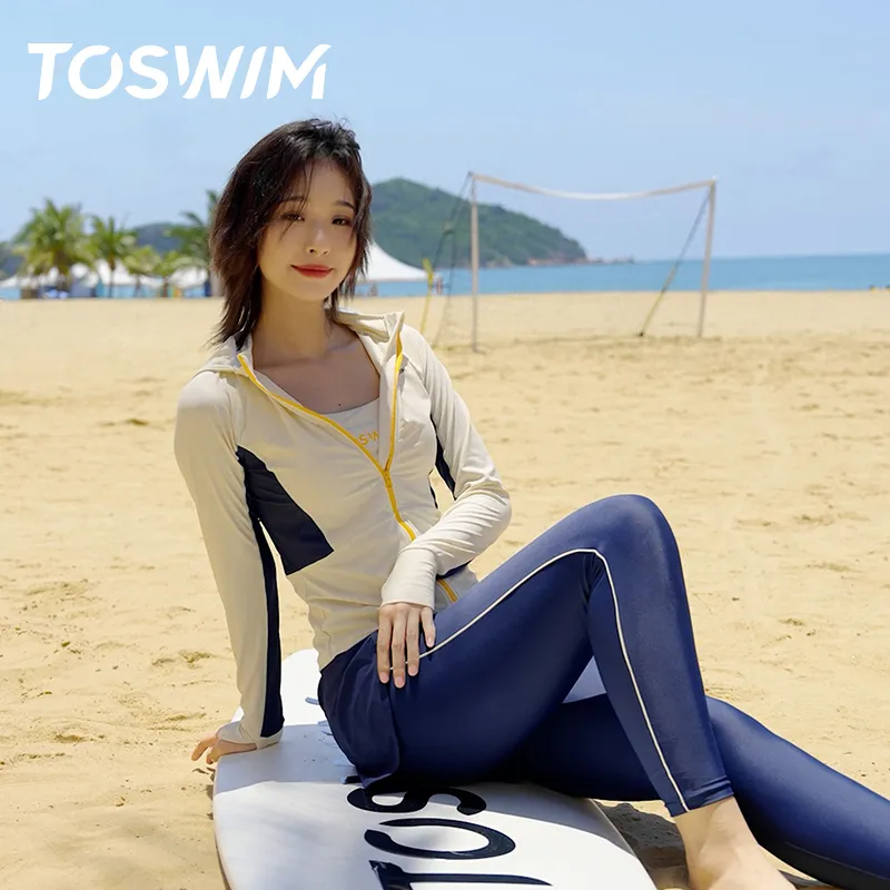 TOSWIM Two Piece Swimsuits Women's [Blazing Clouds And Flowing Crimson]Coat+Tank Top+Swimming Shorts-2