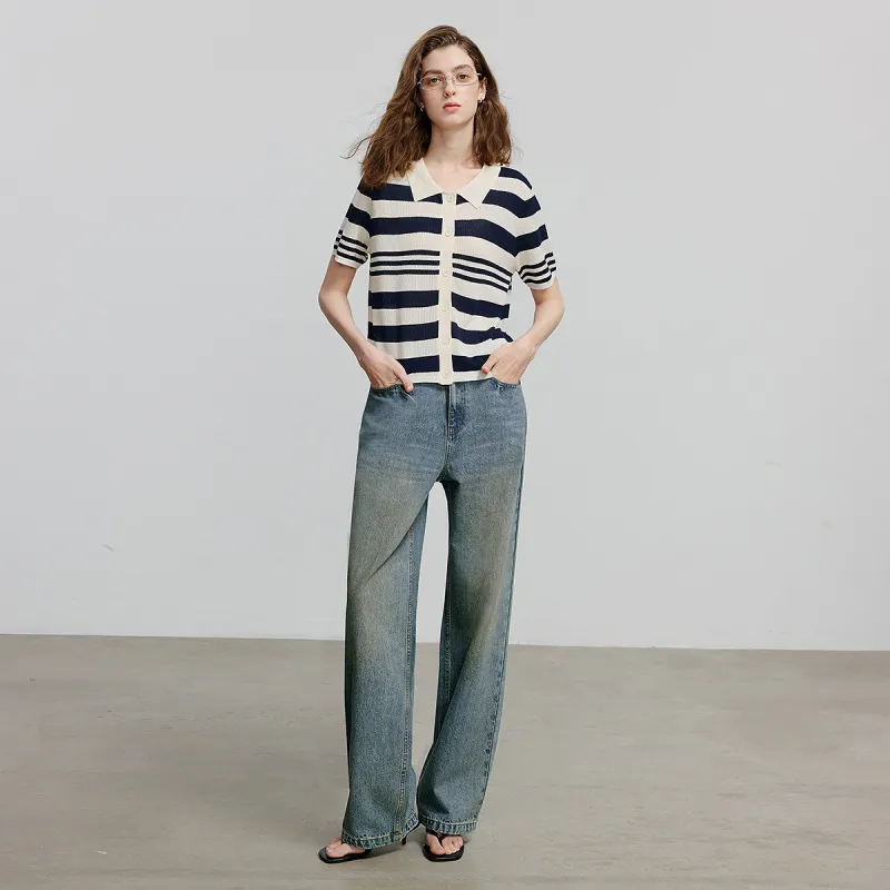 Initial Language Knitwear Women's Navy Blue Ecru Stripes-3