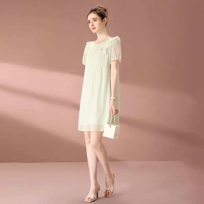 FENHONGMALI Spring, Summer, Fall Short Sleeved Dress Regular Women's Green-1