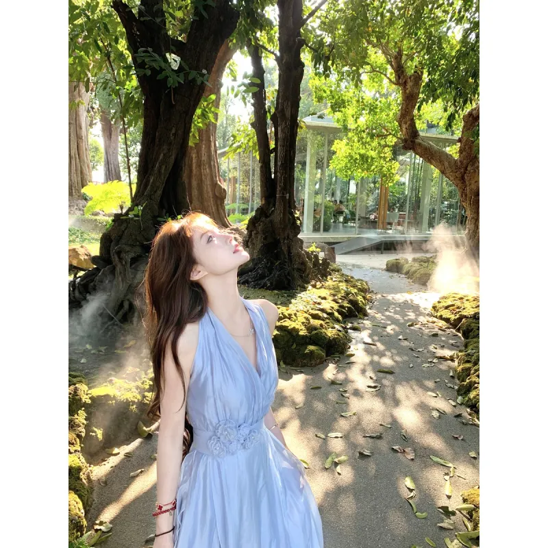 Flowers In Water Summer Sleeveless Dress Women's Image Color-3