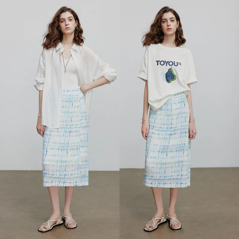 Initial Language Casual Long Skirt Women's Mint Blue-4