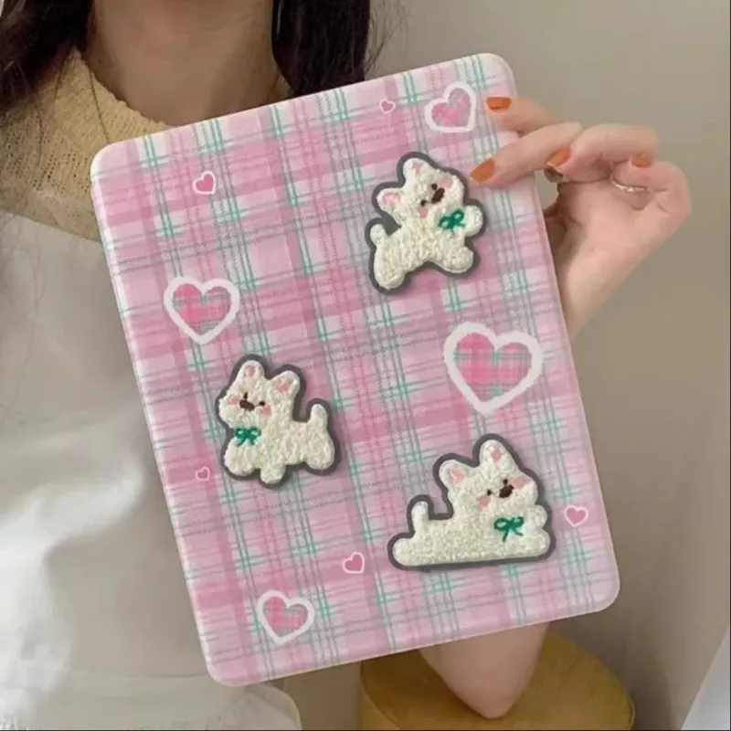 Sopi Acrylic Material, Pink Plaid Embroidery Puppy Compatible With IPad Air 4/Air 5/Mini 6/7 Tablet Protective Cases-1