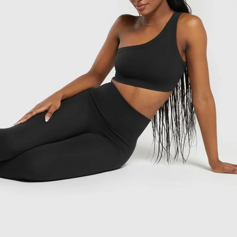 GYMSHARK Ribbed Cotton Seamless One Shoulder Bra Sports Underwear Women's Black-2