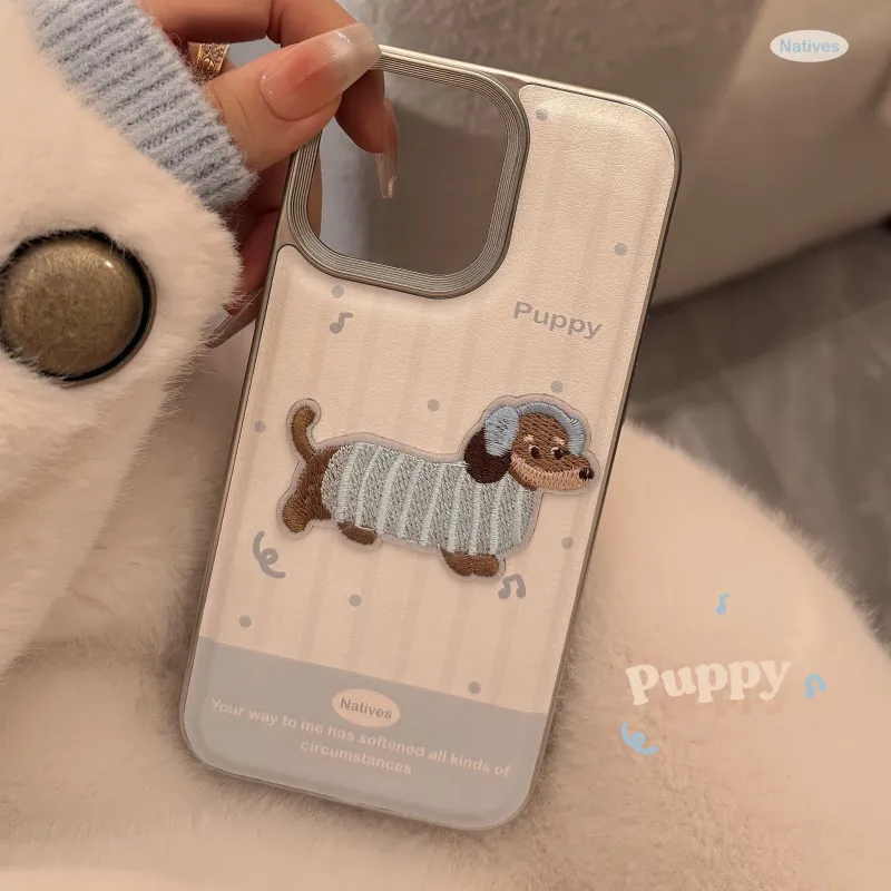 QIZHENG ABS+PC Material Milk Blue Cute Embroidery Puppy Phone Case Compatible With Apple 16 Pro Max/15/14/13/12/11-3
