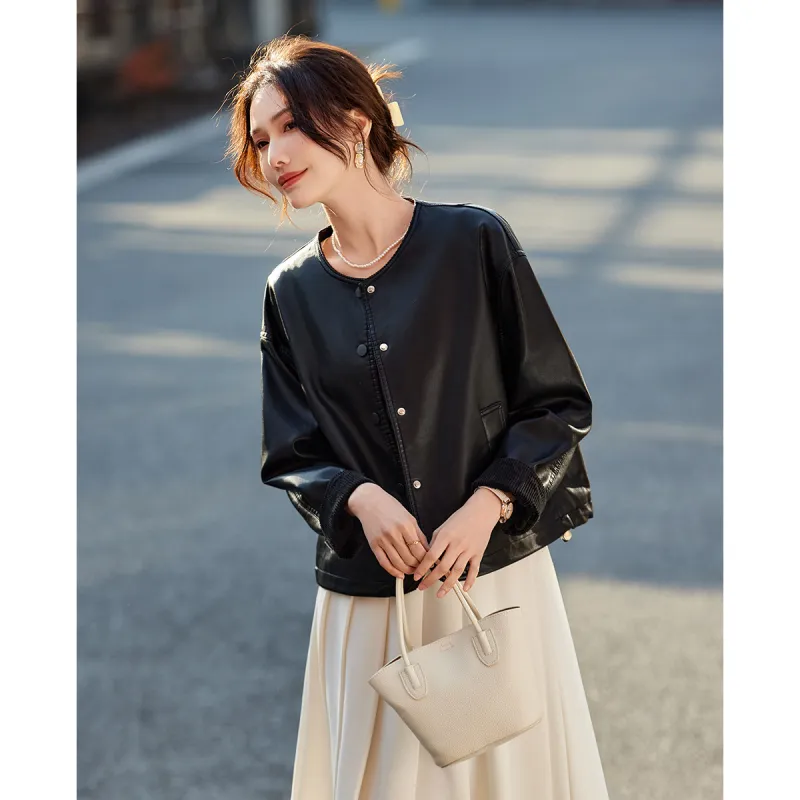 TERRE BLEUE Spring, Fall Leather Jacket Loose Fit Women's-6