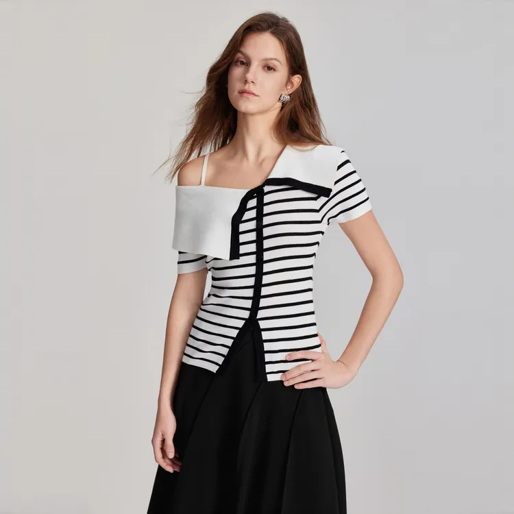 ELLE Knitwear Women's Black White Stripes-1