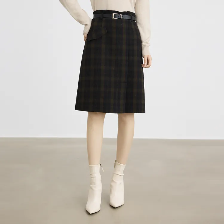 SHUIYUNJIAN Casual Long Skirts Women's Navy Blue Plaid-2