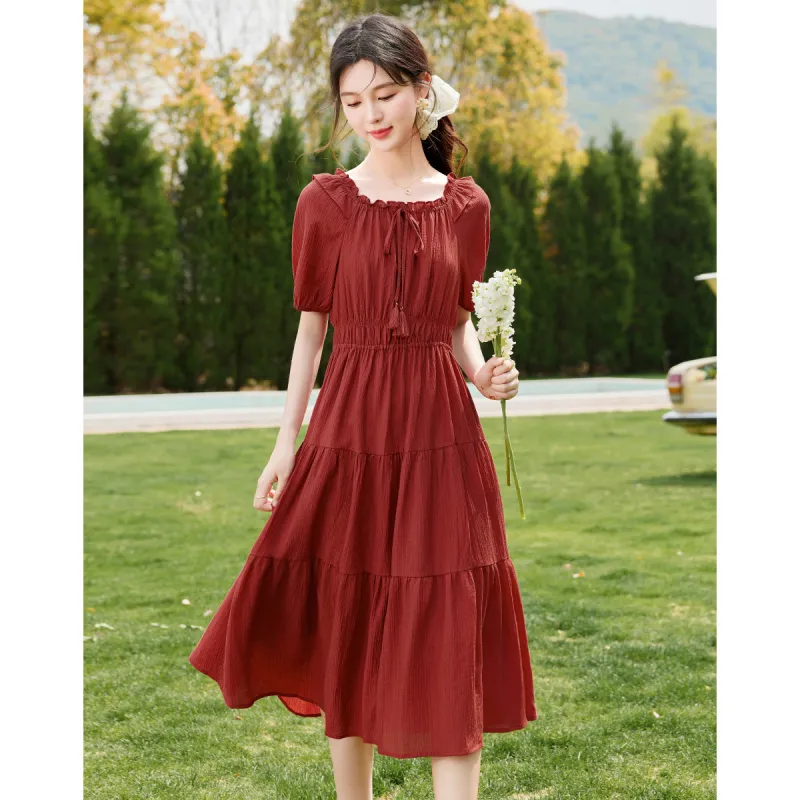 Like The Age Of Water Summer Short Sleeved Dress Slim Fit Women's Red-2