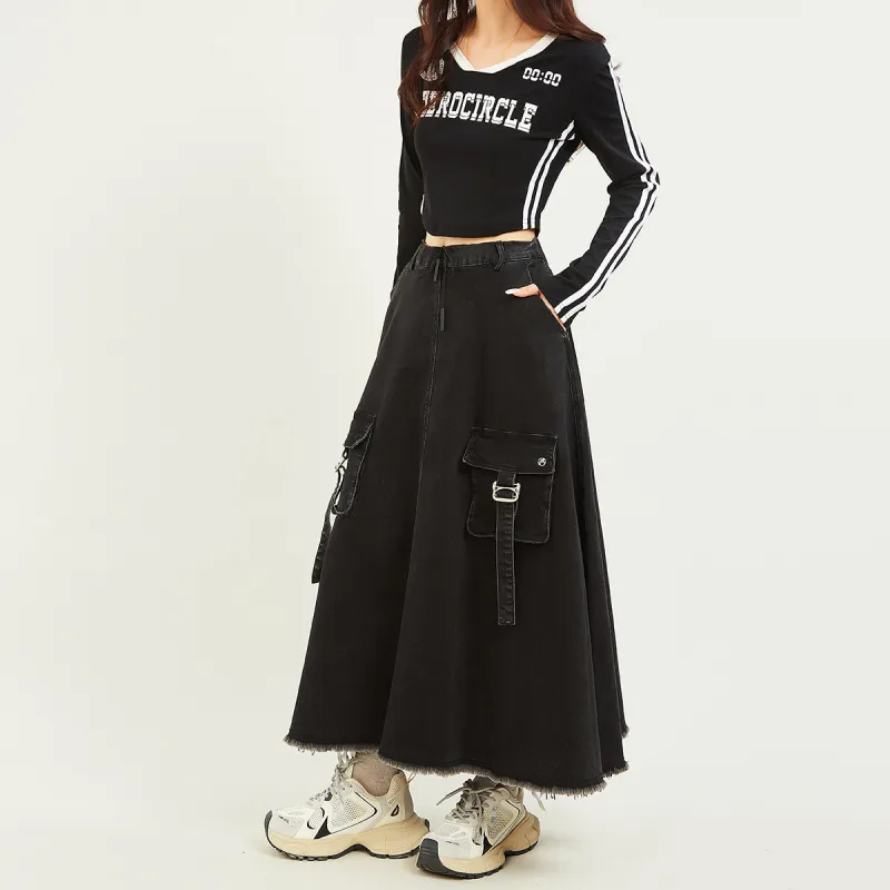 MUGUOGUOMU Denim Long Skirts Women's Black-3