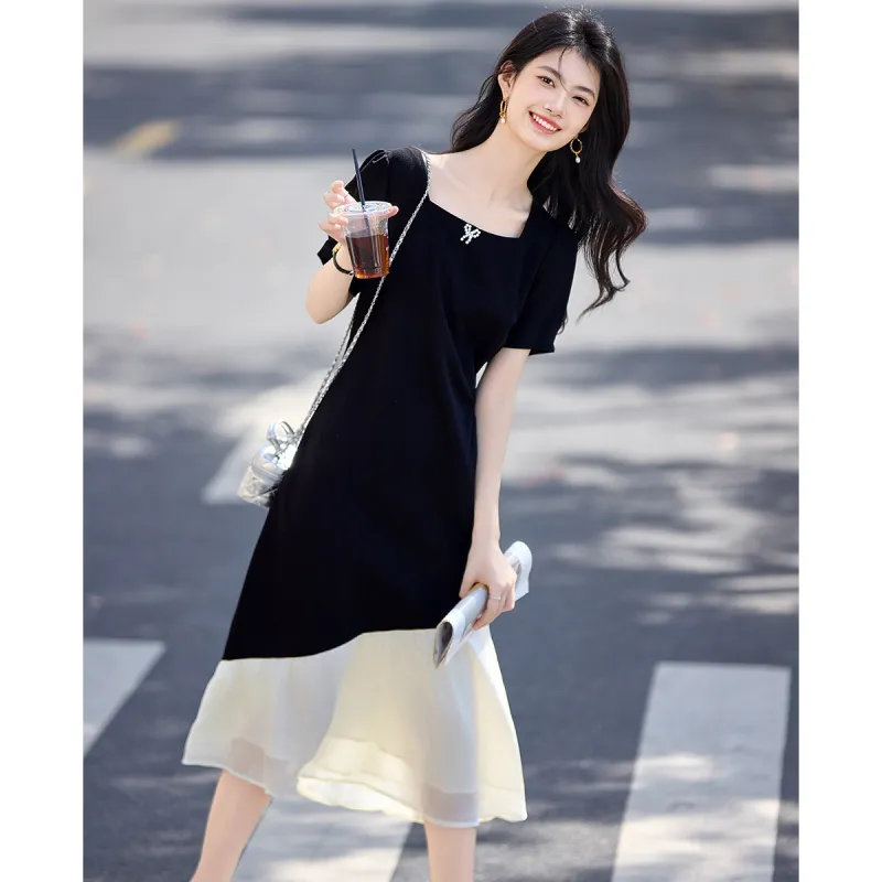 Still Quiet Short Sleeved Dress Women's Black+Beige-2
