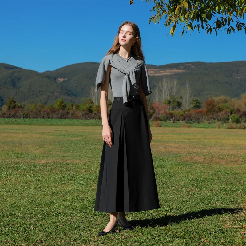 3COLOUR Casual Long Skirt Women's Classic Black-3