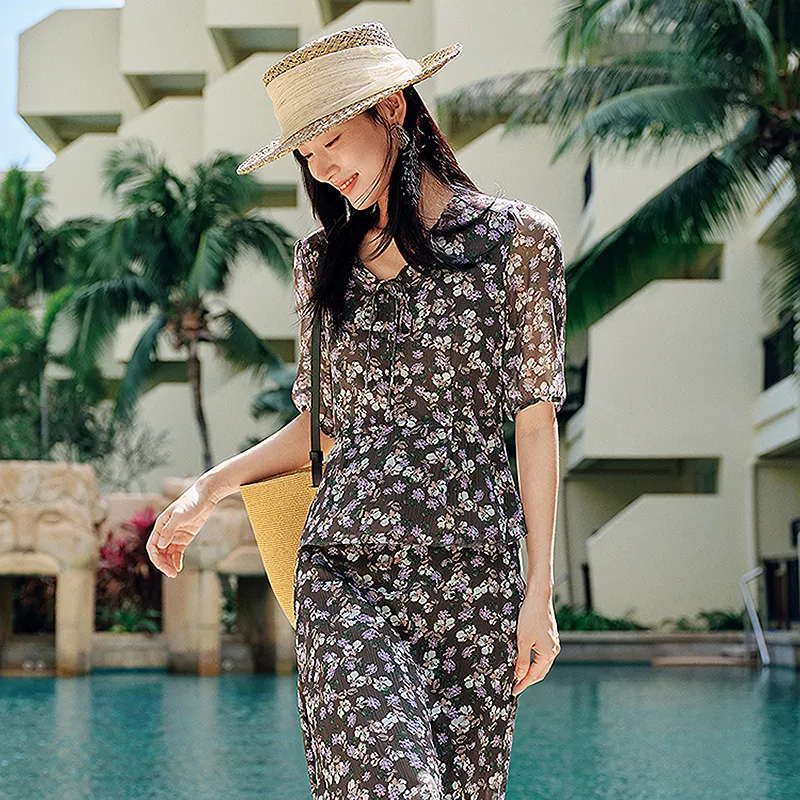 JZ. ANNAKRO Chiffon Shirt Women's Floral Coffee-5