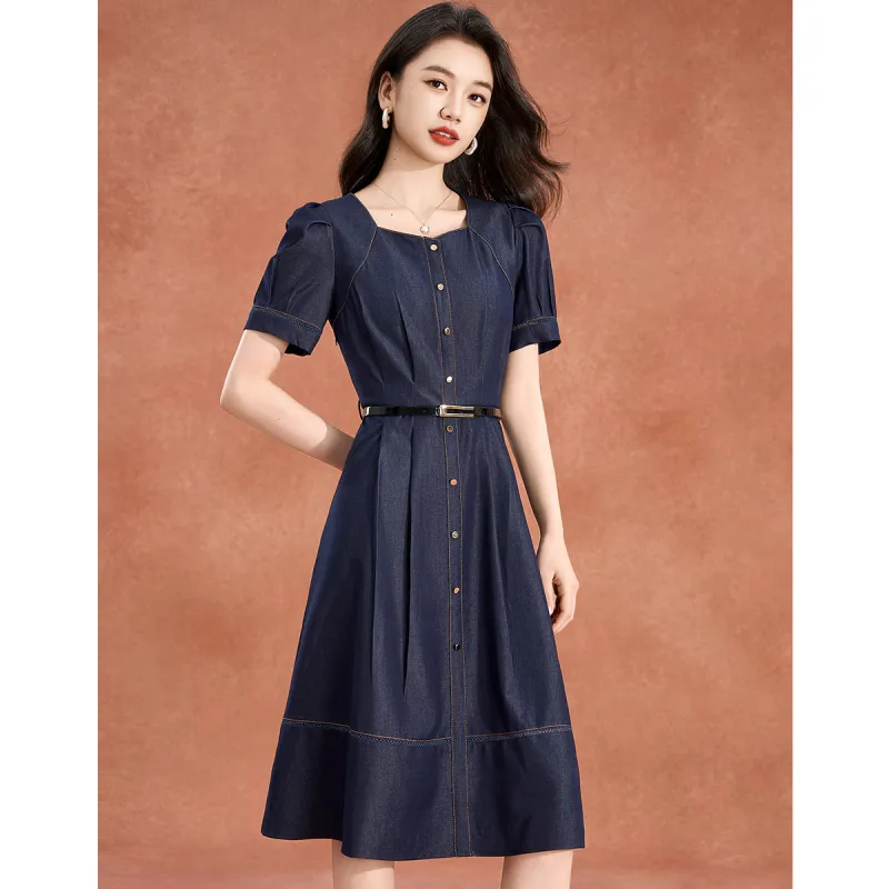 Mylan Short Sleeved Dress Cinched Waist Women's Blue-4