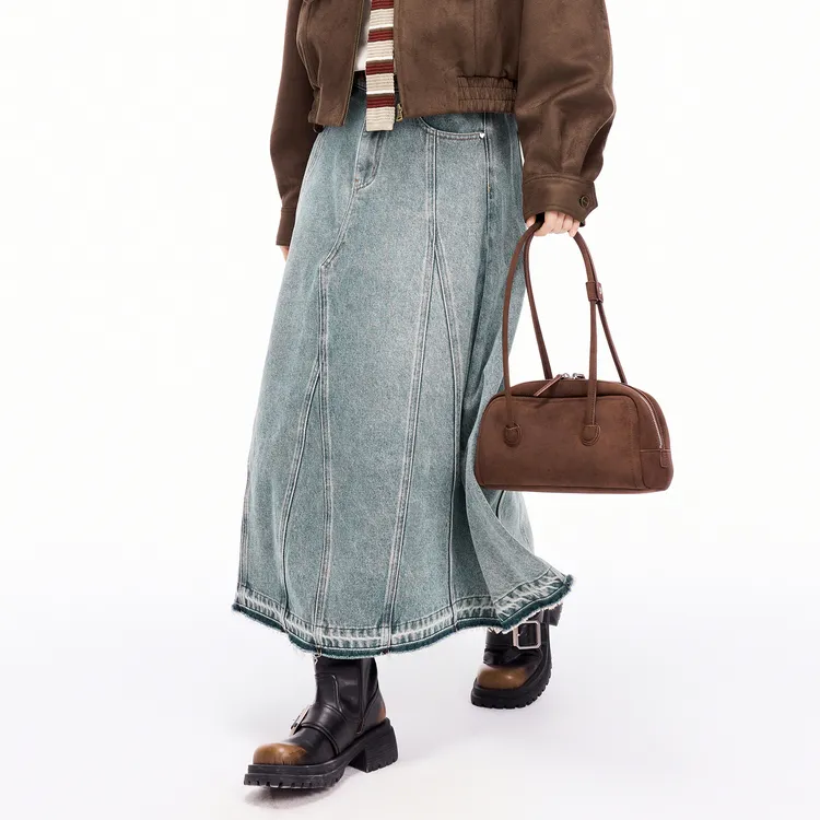 LEDIN Denim Long Skirt Women's Faded Denim Blue-2