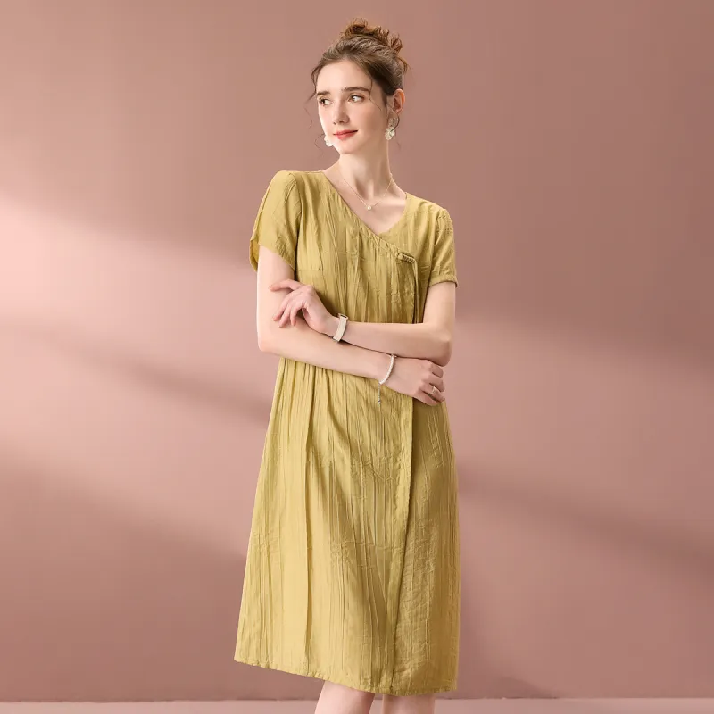 FENHONGMALI Short Sleeved Dress Women's Yellow-3