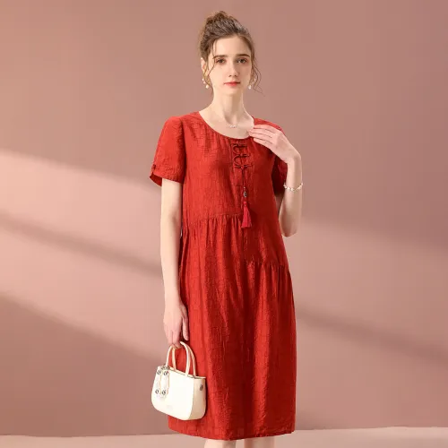 FENHONGMALI Short Sleeved Dresses Women's Red