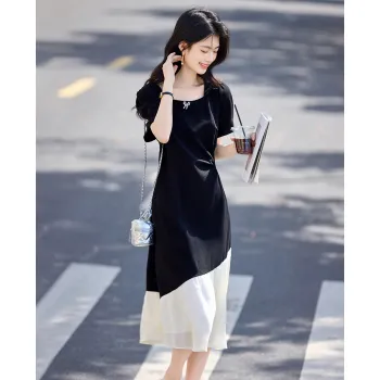 Still Quiet Short Sleeved Dress Women's Black+Beige