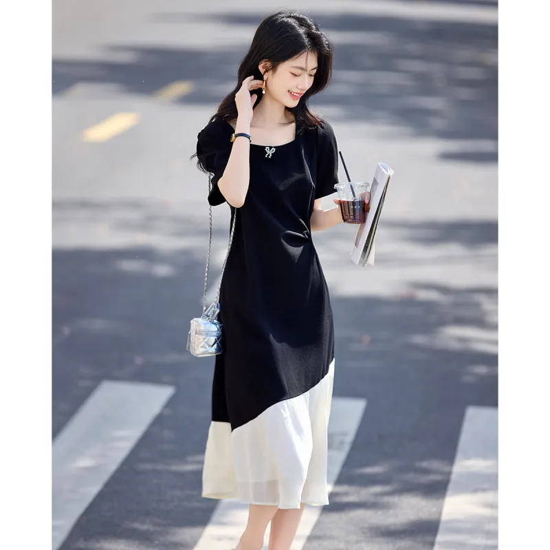 Still Quiet Short Sleeved Dress Women's Black+Beige-0