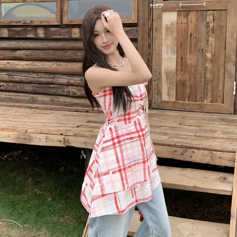 QYPRF Slip Dress Women's Red Plaid-3