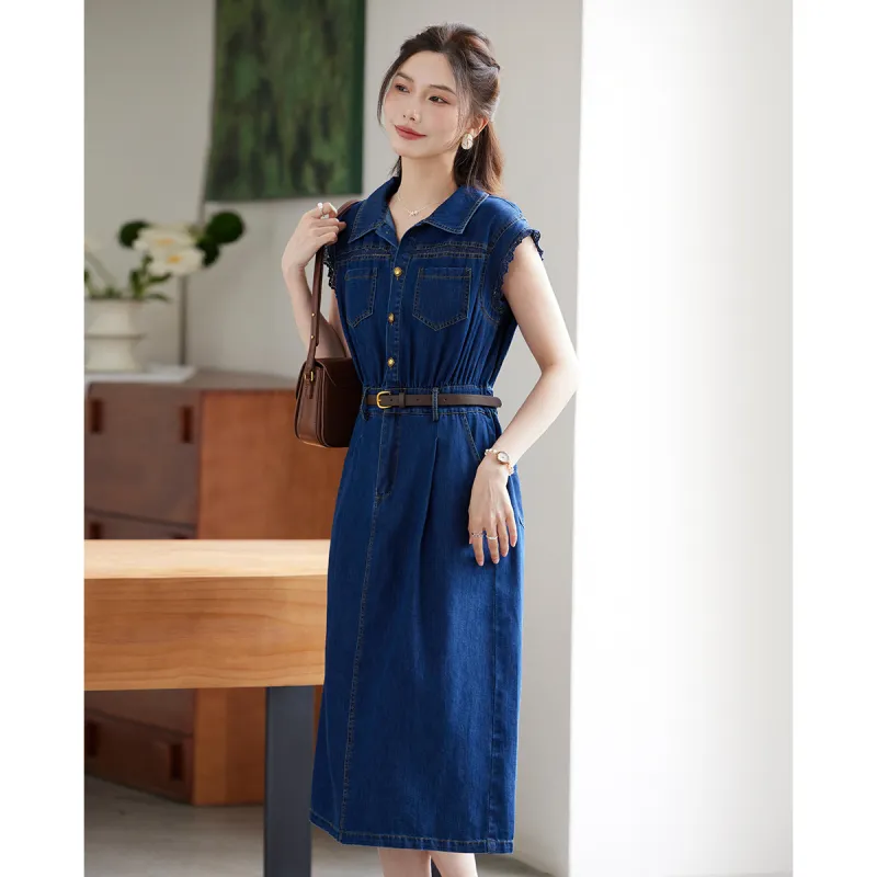 TERRE BLEUE Short Sleeved Dress Loose Fit Women's Dark Blue-3
