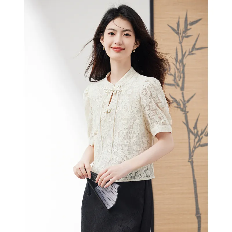XINFEIYU Puff Sleeve T Shirt Women's Beige-1