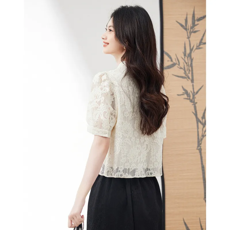 XINFEIYU Puff Sleeve T Shirt Women's Beige-3