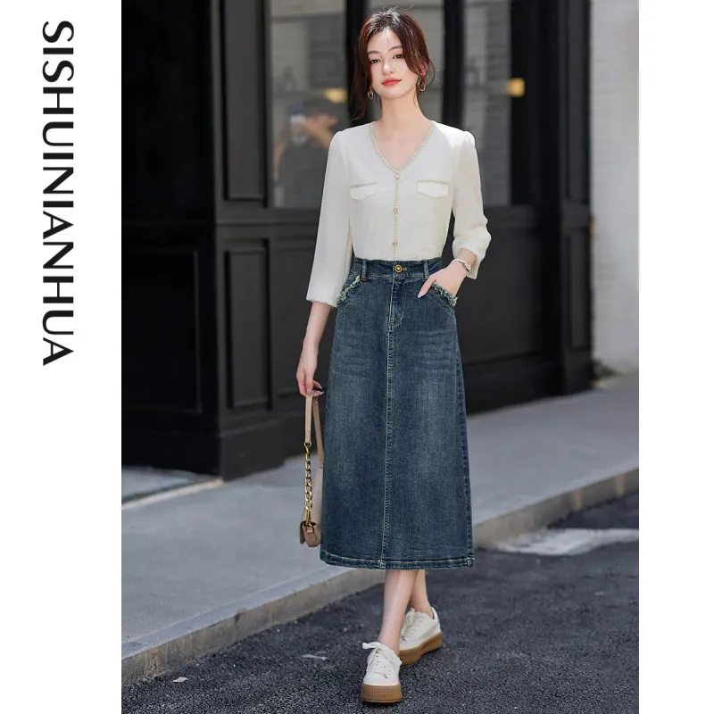 Like The Age Of Water Denim Long Skirt Women's Blue-2