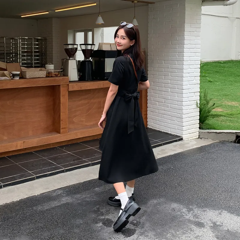 Like The Age Of Water Summer Short Sleeved Dress Cinched Waist Women's Black-3