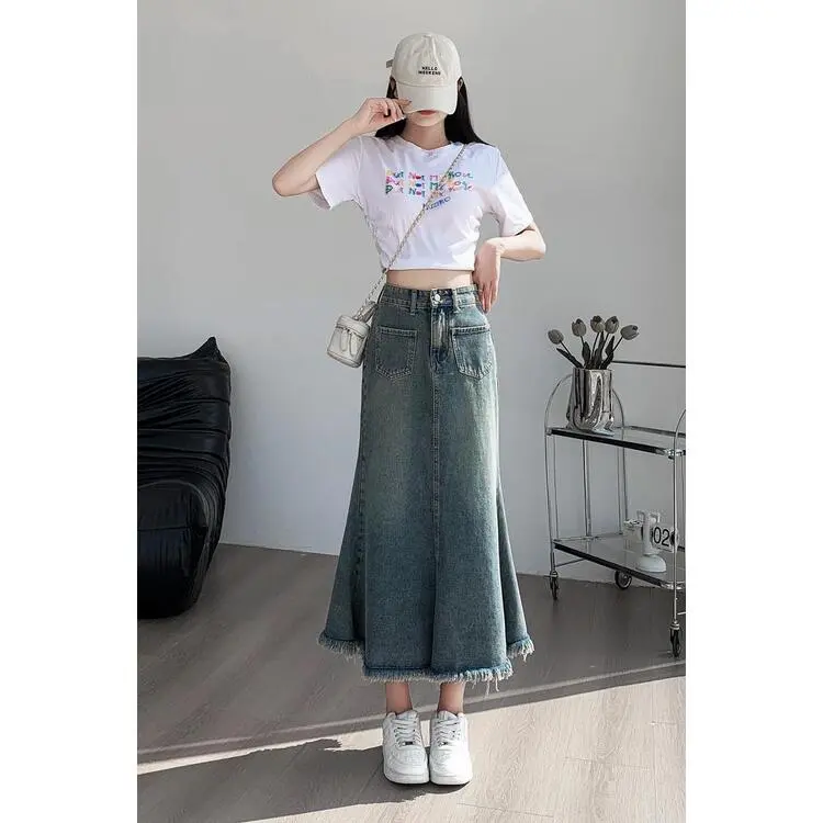 XIANSINIAO Denim Long Skirt Women's-5