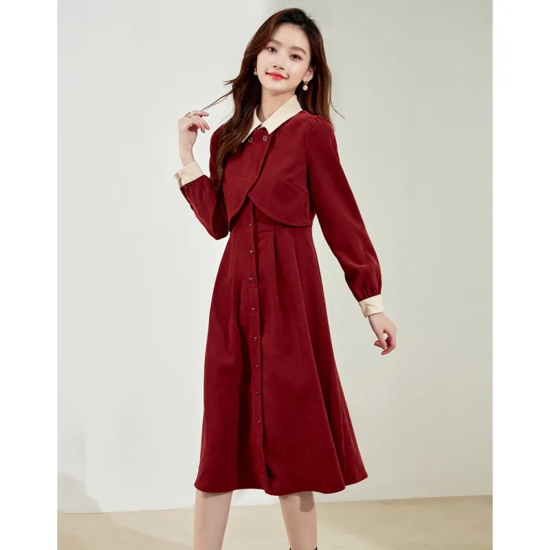 Love Elaine Spring, Fall Long Sleeved Dress Cinched Waist Women's Red-3