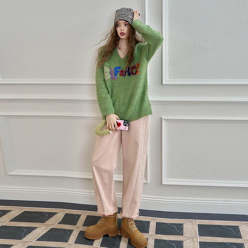 ELF SACK Multicolor Plush Letter Effortless Style Sweater Women's-15