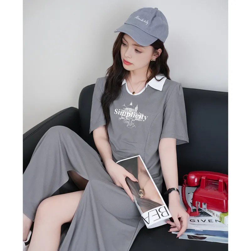 FAWENXIANGZI Short Sleeved Dress Cinched Waist Women's Light Gray-2