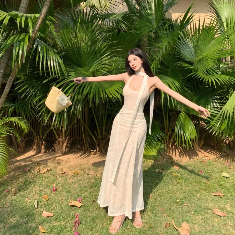 Flowers In Water Resort Style Halter Floral Layered Long Skirt Women's Image Color-3