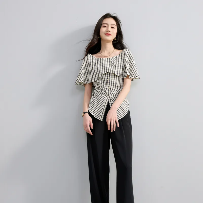 3COLOUR Chiffon Shirt Women's Black Rice Plaid-5