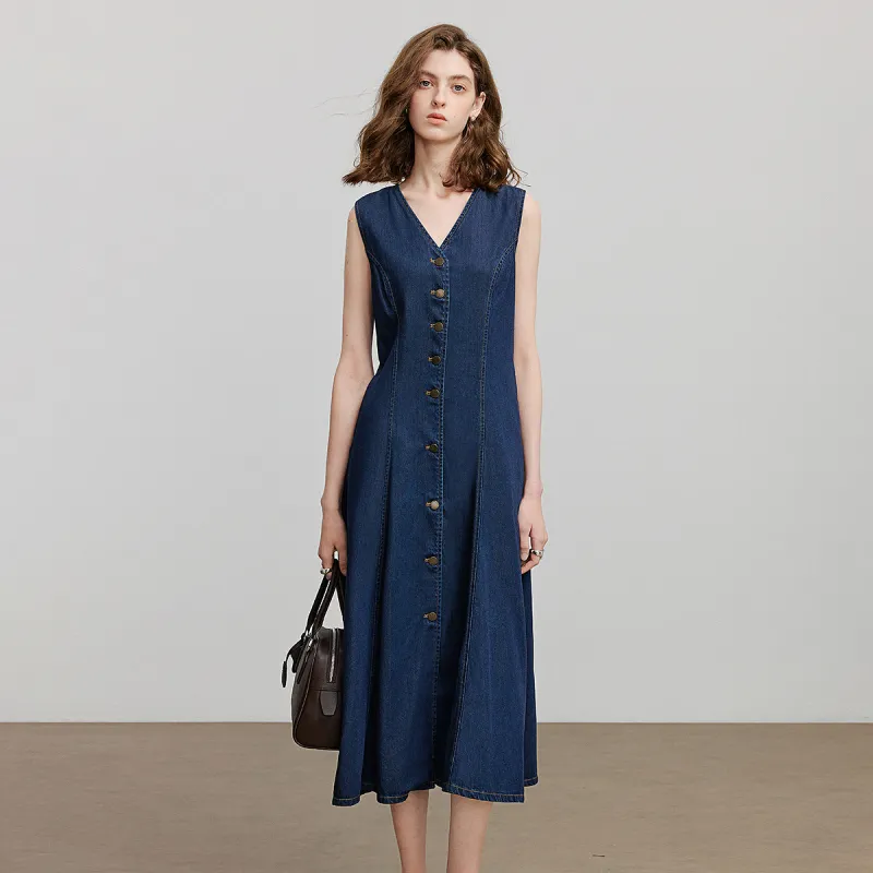 Initial Language Sleeveless Dress Women's Dark Blue-2