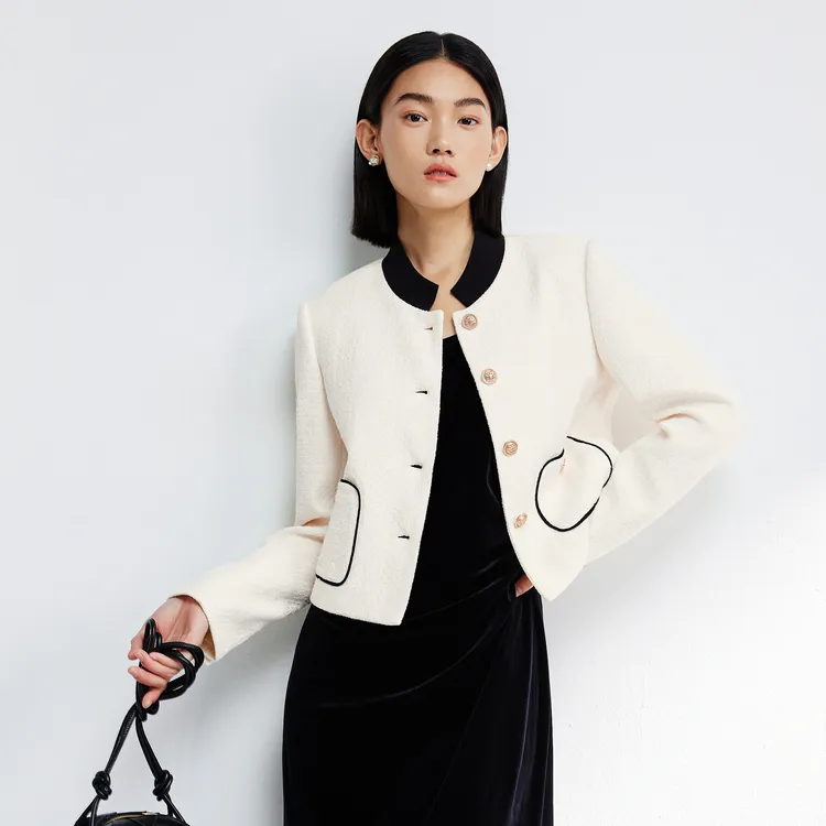 SHUIYUNJIAN Commute Business Double Breasted Short Coat Women's Beige Apricot-2