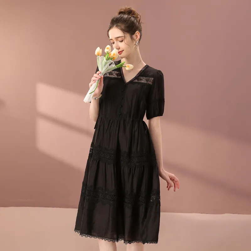 FENHONGMALI Short Sleeved Dresses Women's Black-2