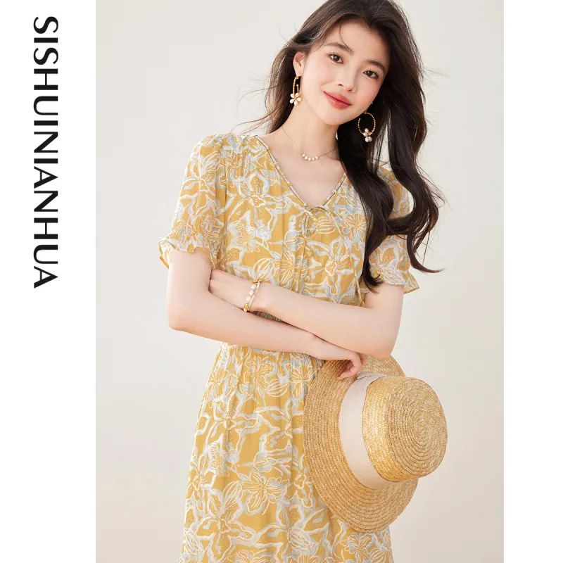 Like The Age Of Water Short Sleeved Dress Women's Yellow-1