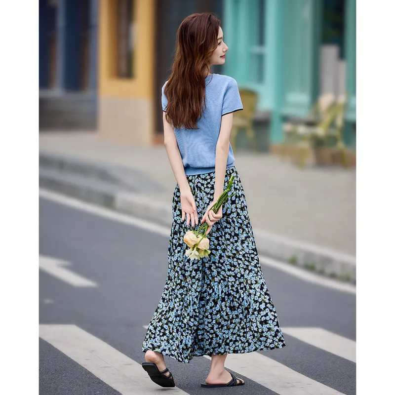 Still quiet Two Piece Skirt Sets Women's Blue/Multicolor-2