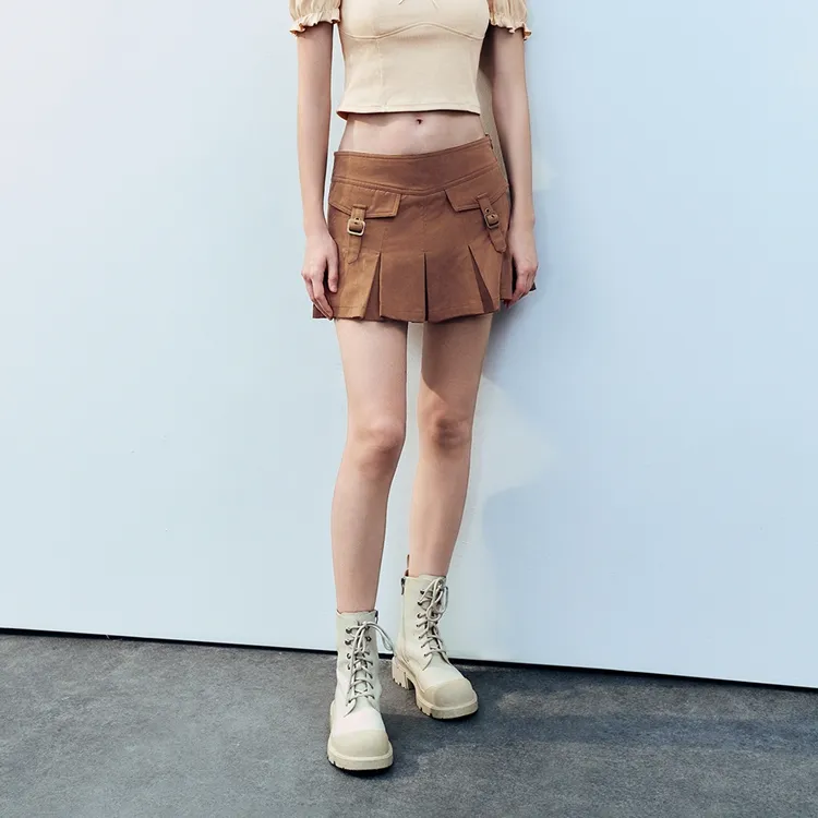 URBAN REVIVO Casual Short Skirts Women's Dark Coffee Brown-2