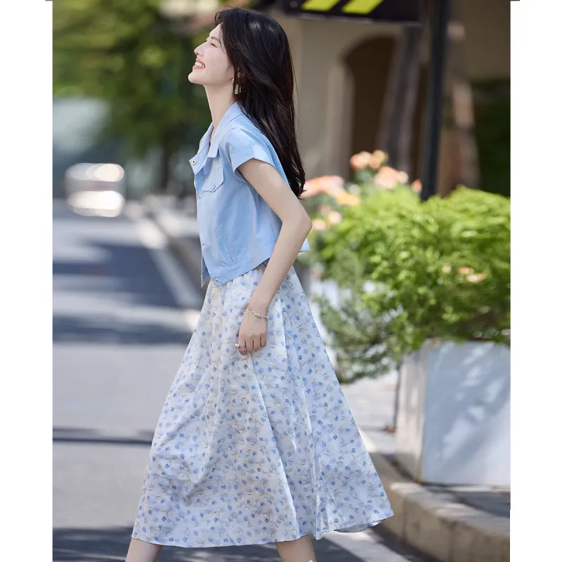 TERRE BLEUE Two Piece Skirt Sets Women's Blue-5